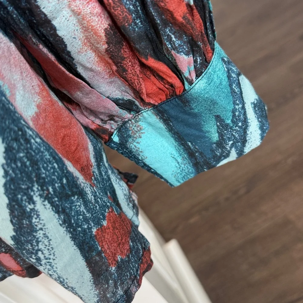 Chico's Butterfly Wing Print Modal Blouse Teal Red Size 2 L 12/14 - Picture 4 of 8